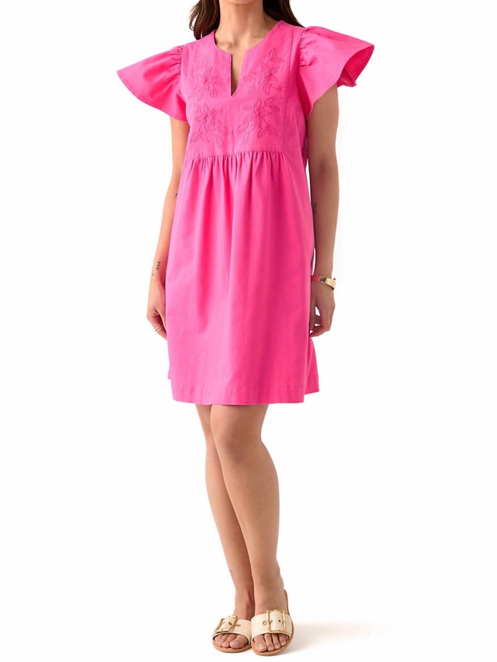 crown & ivy Bright Pink Flutter-Sleeve Embroidered Mini Dress